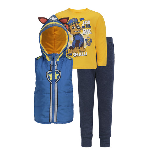 Nickelodeon Paw Patrol Boys' Long Sleeve Tee, Vest and Jogger Pants Set for Toddler and Little Kids – Blue/Navy/Yellow