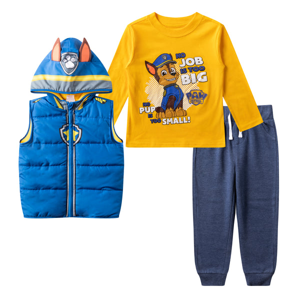 Nickelodeon Paw Patrol Boys' Long Sleeve Tee, Vest and Jogger Pants Set for Toddler and Little Kids – Blue/Navy/Yellow