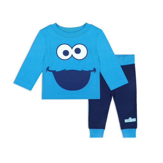 Sesame Street Cookie Monster and Elmo Boys’ Long Sleeve Shirt and Jogger Pants Set for Infant and Toddler – Blue/Red