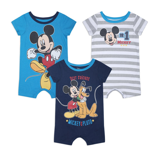 Disney Mickey Mouse Boys’ 3 Pack Rompers for Newborn and Infant – Blue/Green/Red