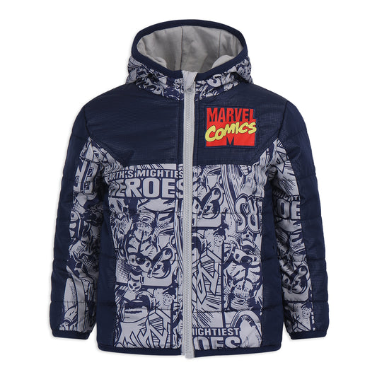 Marvel Avengers Boys Zip Up Hooded Puffer Jacket Winter Coat for Little Kids – Navy/White