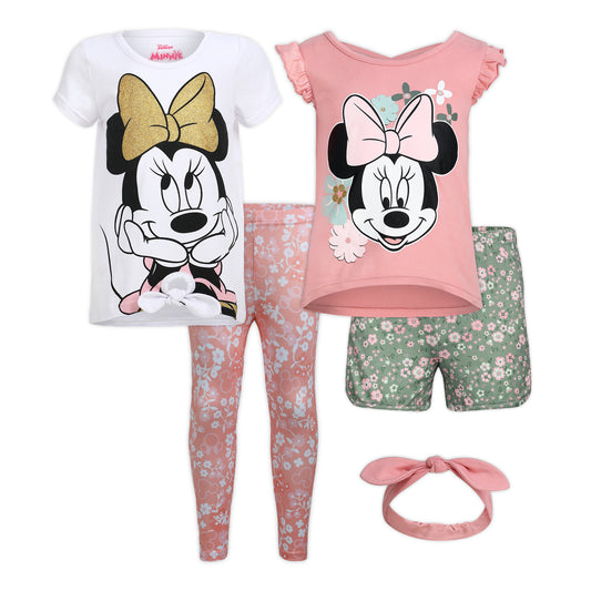 Disney Minnie Mouse Girls’ Tank Top, T-Shirt, Short, Legging and Scrunchie Set for Toddler and Little Kids