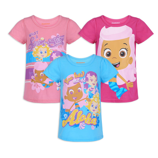 Nickelodeon Bubble Guppies Girls Molly, Deema, Oona and Bubble Puppy 3 Pack T-Shirt for Toddler – Purple/Blue