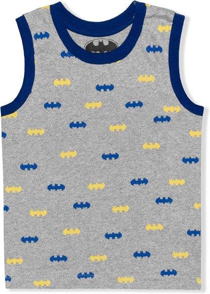 BATMAN DC Comics Boys T-Shirt, Tank Top and Short Set for Toddler and Little Kids ? Blue/Black/Grey or Yellow/Gray/Black