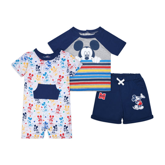 Disney Mickey Mouse Boys T-Shirt, Shorts and Romper Set for Infant - Grey/White or Navy/Grey