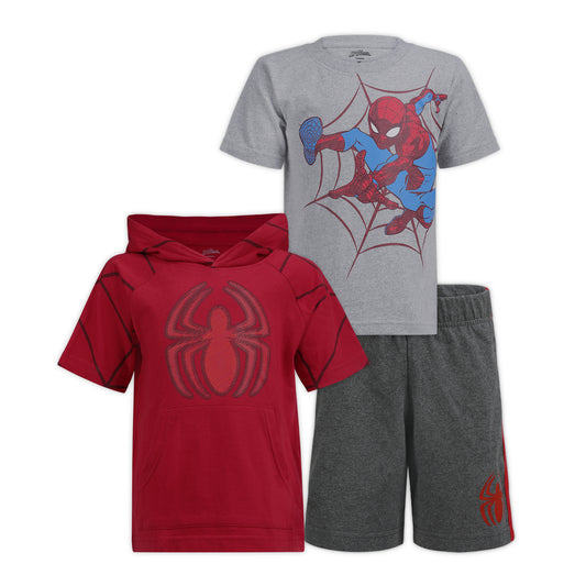 Marvel Spiderman Boys T-Shirt, Hooded T-Shirt and Shorts Set for Toddler and Little Kids - Red/Grey