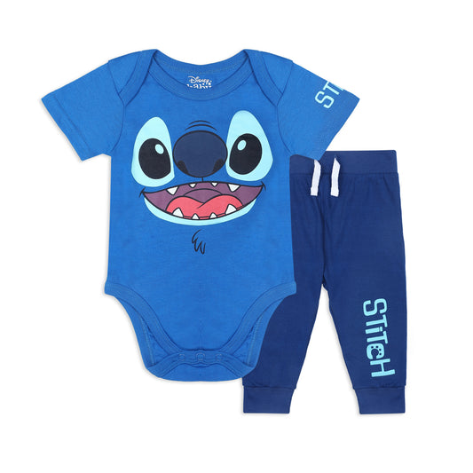 Disney Lilo & Stitch Boys’ Short Sleeve Bodysuit and Jogger for Newborn and Infant – Blue/Navy