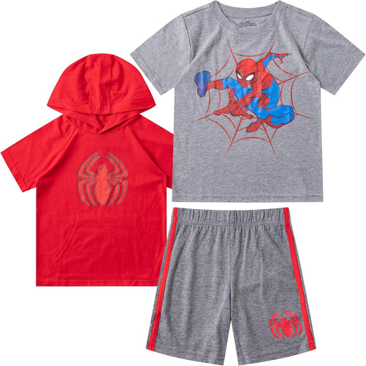 Marvel Spiderman Boys' 3 Piece Hoodie T-Shirt, T-Shirt and Short Set for Big Kids - Red