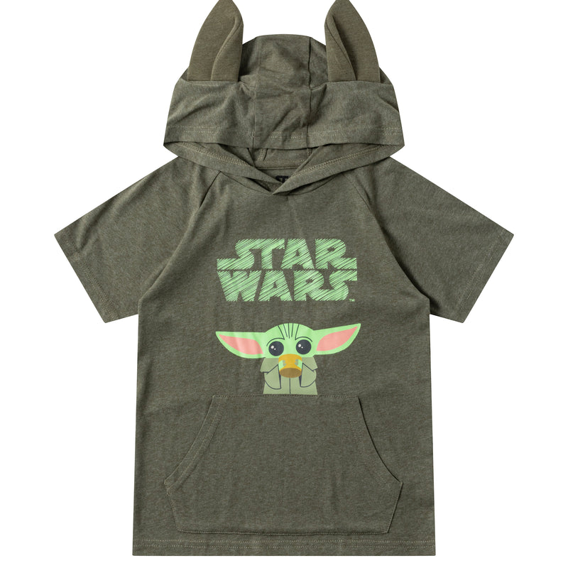 Star Wars Boys Baby Yoda Hooded T-Shirt, T-Shirt and Short Set for Toddler and Little Kids - Green/Grey