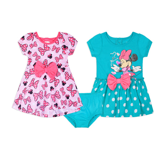 Disney Minnie Mouse Girls Short Sleeve Dress 2 Pack with Panty for Newborn and Infant - Pink/Blue