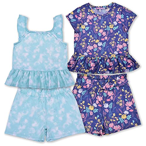 Nannette Girl's 4 Pack Short Sleeves Tee, Sleeveless Shirt and Shorts Set for Kids, Blue Floral