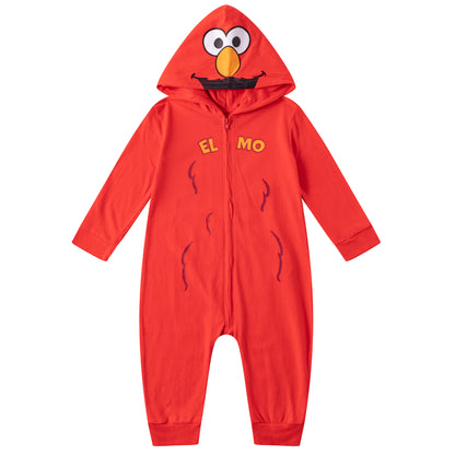 Sesame Street Boys’ Elmo or Cookie Monster Zip Up Long Sleeve Hooded Romper for Newborn, Infant and Toddler Kids