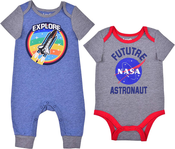 NASA Astronaut Boys’ Short Sleeve Bodysuit and Romper Set for Newborn and Infant - Blue/Grey