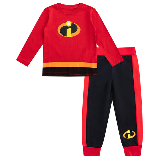 Disney The Incredibles Boys’ Long Sleeve Shirt and Jogger Pants Set for Toddler and Little Kids – Red/Black