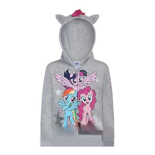 My Little Pony Girl's Friendship Zip Up Fashion Hoodie with Long Sleeves, 3D Ears and Mane - Grey, Size 12