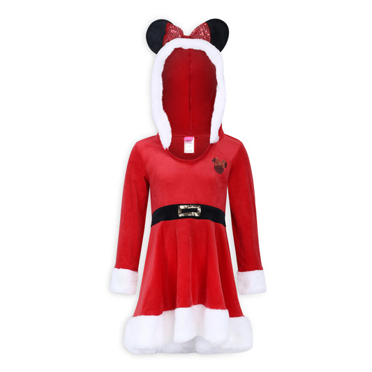 Disney Minnie Mouse Girls’ Christmas Long Sleeve Hooded Santa Dress with Ears for Toddler and Little Kids