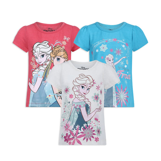 Disney Frozen Elsa and Anna Girls’ Short Sleeve Shirt 3 Pack for Toddler and Little Kids – Pink/Blue/White