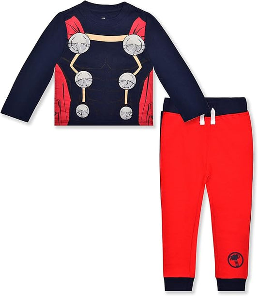 Marvel Avengers Boys’ Long Sleeve Shirt Costume and Jogger Set for Toddler and Little Kids – Blue/Navy/Red/Black/Green