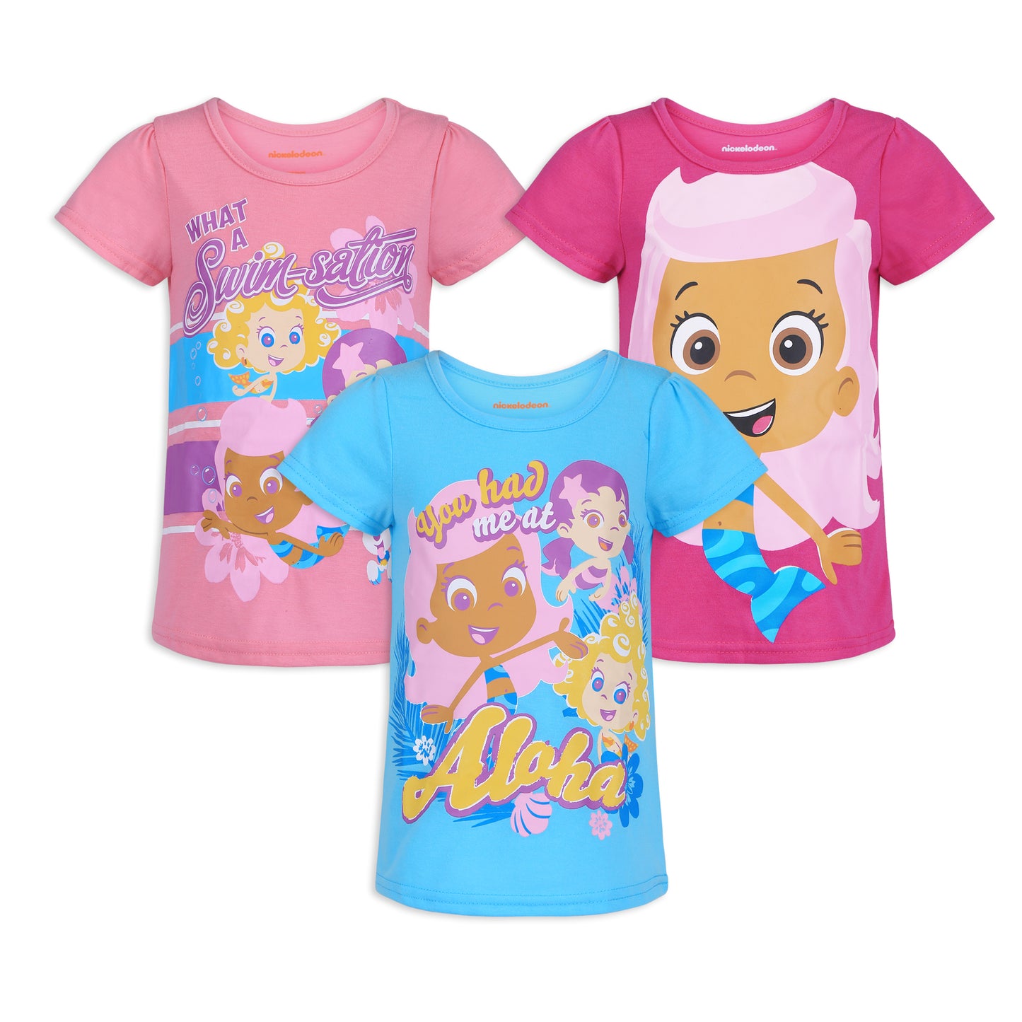 Nickelodeon Bubble Guppies Girls Molly, Deema, Oona and Bubble Puppy 3 Pack T-Shirt for Toddler – Purple/Blue