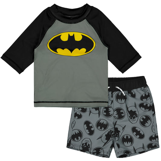 DC Comics Superman or Batman Boys Long Sleeve Tee and Shorts Set for Toddler and Little Kids – Black/Red