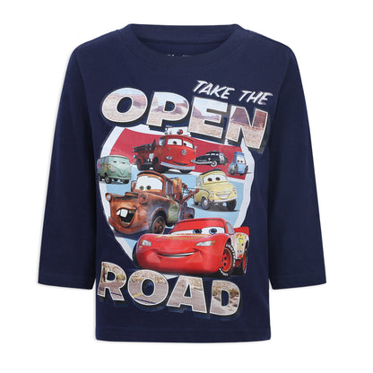 Disney Cars Toddler Boy's Mater and Lightning McQueen Open Road Long Sleeve Graphic Tee Shirt, Navy