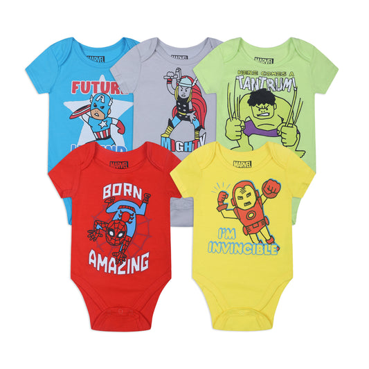 Marvel Avengers Boys’ 5 Pack Short Sleeve Bodysuits for Newborn and Infant – Blue/Red/Grey/White/Yellow/Green