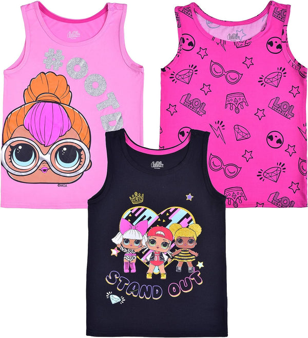 LOL Surprise Dolls Girls 3 Pack Tank Tops for Little and Big Kids ? Pink/Black