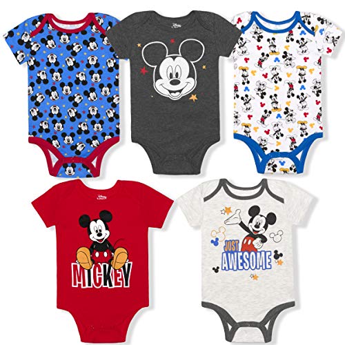 Disney Mickey Mouse Boys’ 5 Pack Bodysuits for Newborn and Infant – Blue/Red/White/Gray