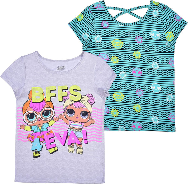 LOL Surprise Girl?s 2 Pack Short Sleeve T-Shirt for Little Kids ? Green/Purple