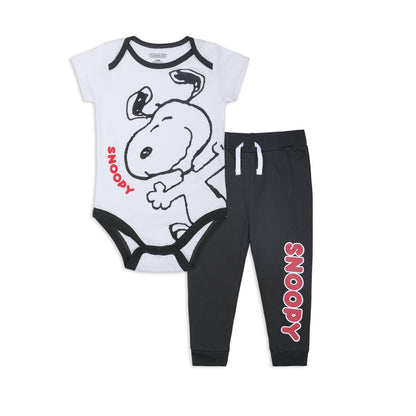 Peanuts Snoopy Boys’ Short Sleeve Bodysuit and Jogger Set for Newborn and Infant – Black/White