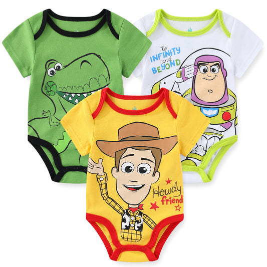 Disney Toy Story Boys Woody, Buzz Lightyear and Rex 3 Pack Bodysuit Creeper for Newborn and Infant – Yellow/Green/White