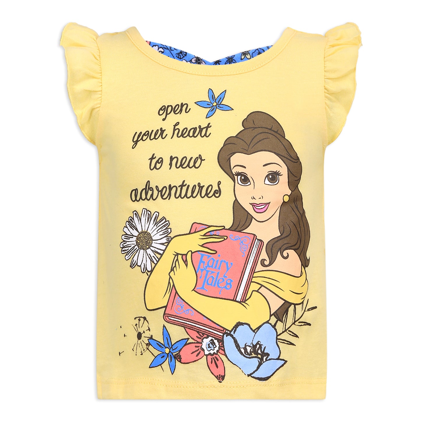 Disney Princess Belle Girls 3 Piece Shirts and Short Set for Infant, Toddler and Little Girls - Yellow/Blue/White