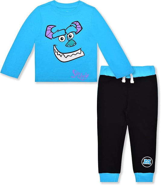 Disney Monster Inc. Mike and Sully Boys’ Long Sleeve Shirt and Jogger Pant Set for Toddler and Little Kids – Blue/Green