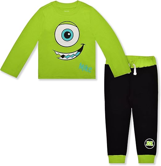 Disney Monster Inc. Mike and Sully Boys’ Long Sleeve Shirt and Jogger Pant Set for Toddler and Little Kids – Blue/Green