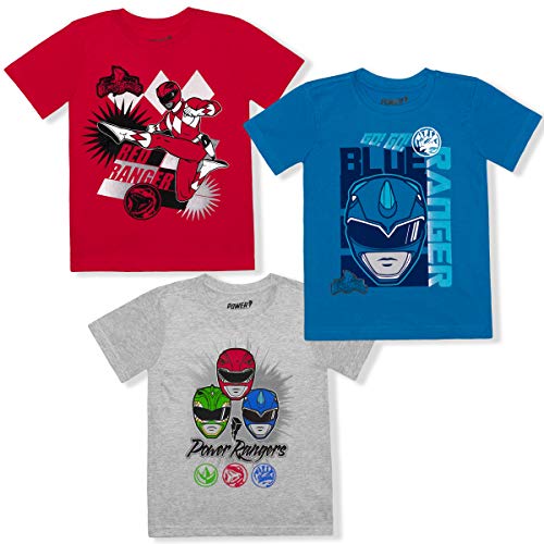 Power Rangers’ Red Ranger, Blue Ranger and Green Ranger Boys’ 3 Pack T-Shirts for Little Kids – Blue/Red/Grey