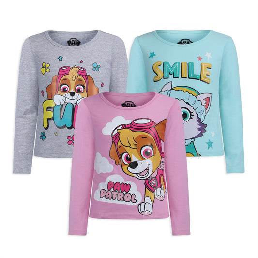 Paw Patrol Everest and Skye Girls 3 Pack Long Sleeve T-Shirts - Blue/Grey/Pink