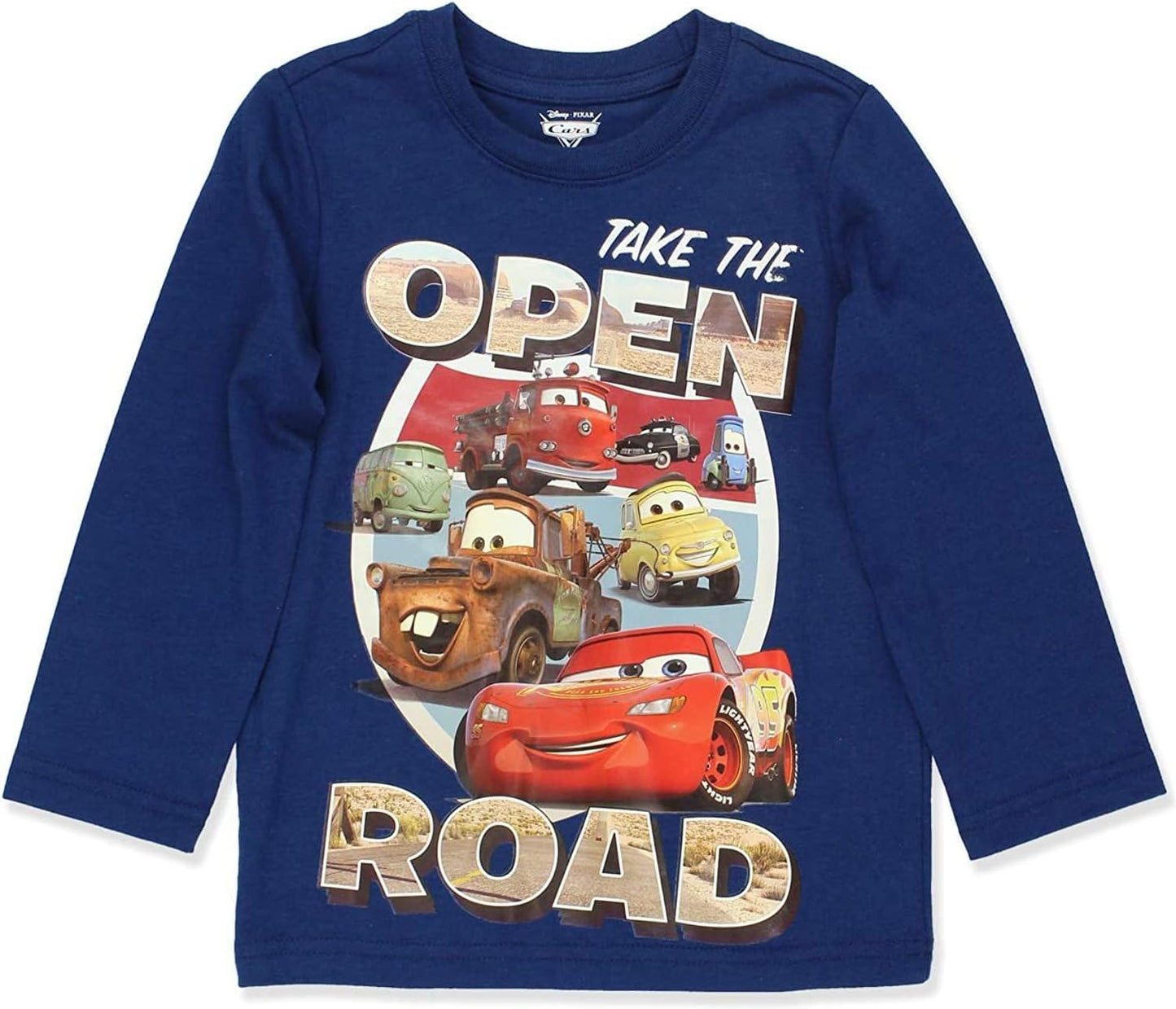 Disney Cars Toddler Boy's Mater and Lightning McQueen Open Road Long Sleeve Graphic Tee Shirt, Navy