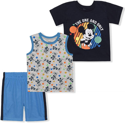 Disney Mickey Mouse Boy's 3 Piece T-Shirt, Tank Top and Shorts Set for Infant and Toddler - Red/White/Grey