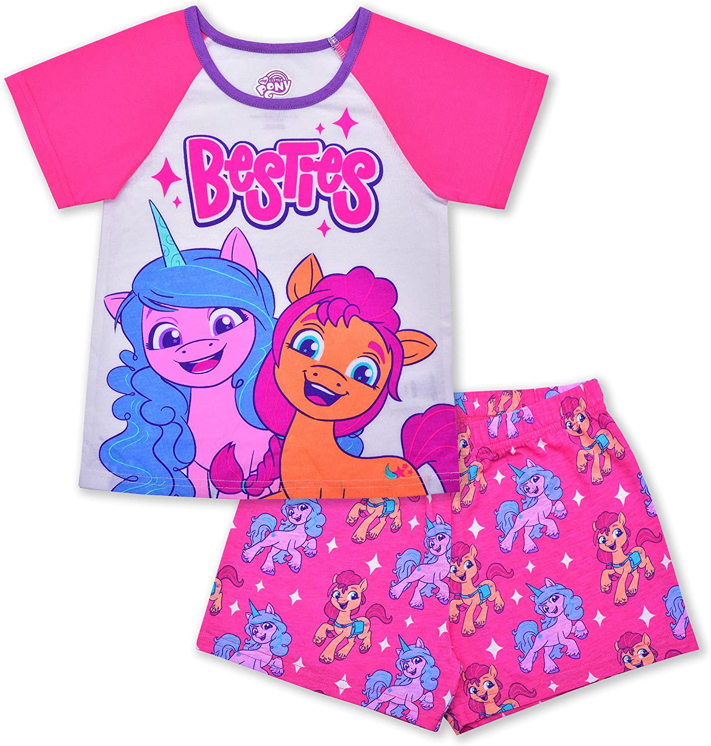 Hasbro My Little Pony Izzy and Sunny Girls’ Short Sleeve Tee and Shorts Set for Little and Big Kids – Pink/White