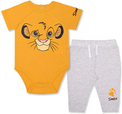 Disney Lion King Simba Boys’ Short Sleeve Bodysuit and Jogger for Newborn and Infant – Yellow/Grey