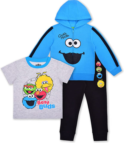Sesame Street Boys Elmo and Cookie Monster Zip-up Hoodie, T-Shirt and Jogger Set for Infant and Toddlers