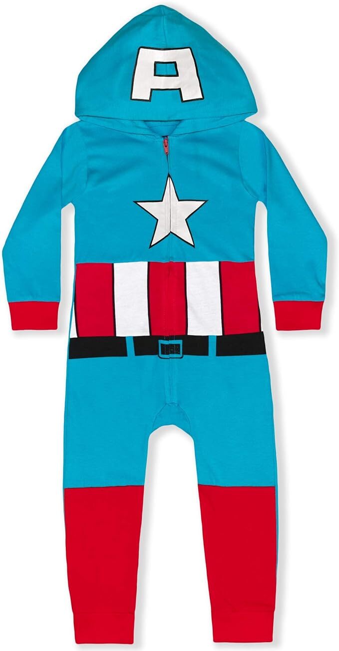 Marvel Hulk, Captain America, Iron Man or Spiderman Boys Zip Up Hooded Bodysuit for Infant and Toddler