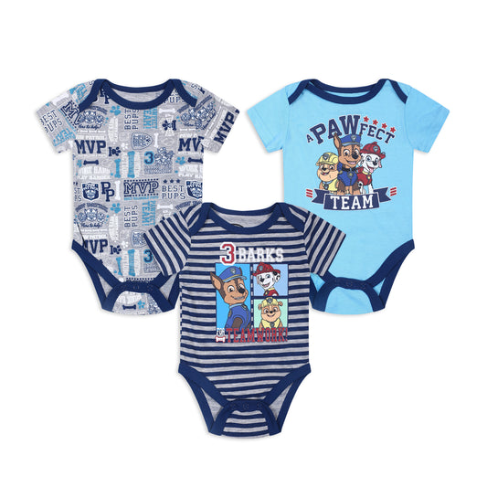 Nickelodeon Paw Patrol Boys’ Chase, Marshall and Rubble 3 Pack Bodysuits for Newborn and Infant – Blue/Grey