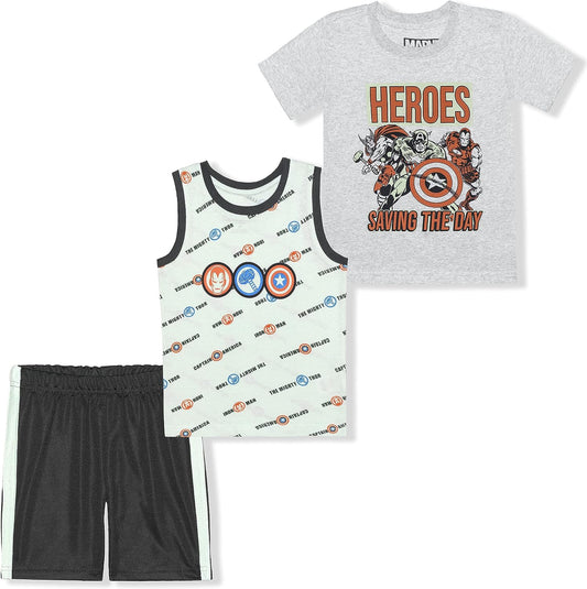 Marvel Avengers Boys? Thor, Captain America and Iron Man T-Shirt, Tank Top and Short Set for Toddlers and Little Kids