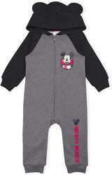 Disney Baby Boy Mickey Mouse Coverall Romper Creeper with Hood and 3D Mouse Ears