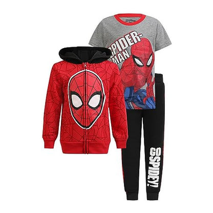 Marvel Spiderman Boys? Zip-Up Hoodie, T-Shirt and Jogger Set for Toddler and Little Kids ? Red/Grey/Black