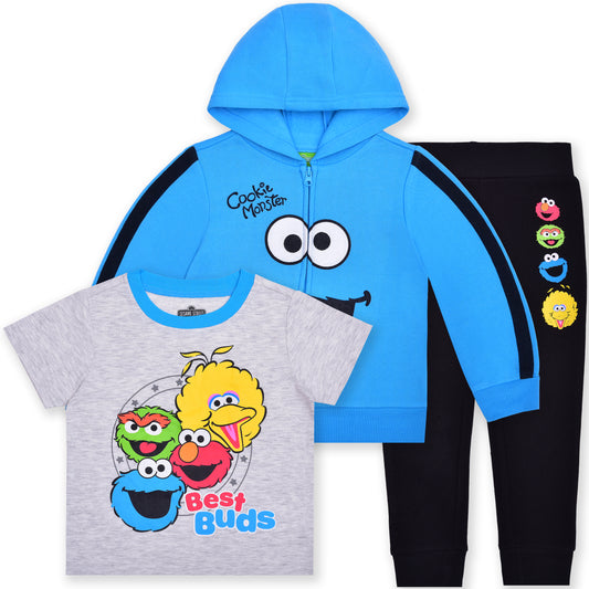 Sesame Street Boys Elmo and Cookie Monster Zip-up Hoodie, T-Shirt and Jogger Set for Infant and Toddlers