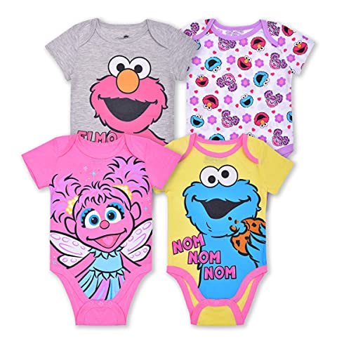 Sesame Street Girls Elmo, Cookie Monster and Abby Cadabby 4 Pack Bodysuit Creeper for Newborn and Infant – Pink/Yellow/Grey