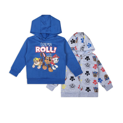 Nickelodeon Paw Patrol Marshall, Rubble and Chase Boys' Hoodie 2 Pack for Toddler and Little Kids – Grey/Blue