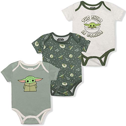 Star Wars Baby Yoda Boys 3 Pack Bodysuits for Baby and Infant – Grey/Black/Green